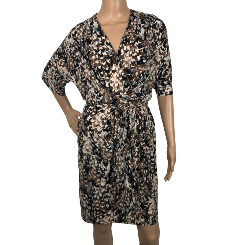 Eliza‎ J Multicolor Abstract Print Belted Mini Dress V-Neck Size 2 Career Office
